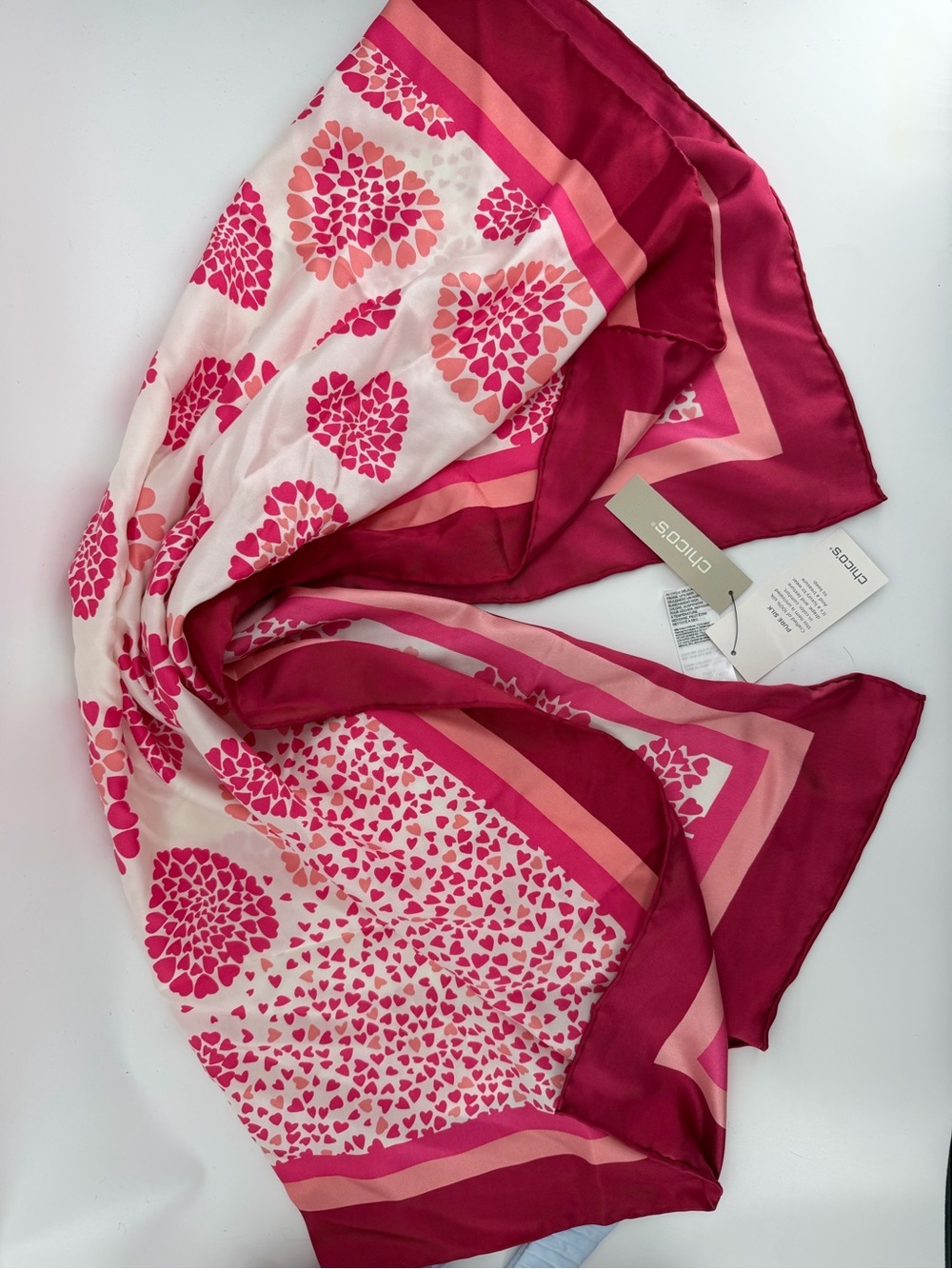 NWT Chico's 100% Silk Scarf Pink Red Heart Print Large Square 38" Love MSRP $69